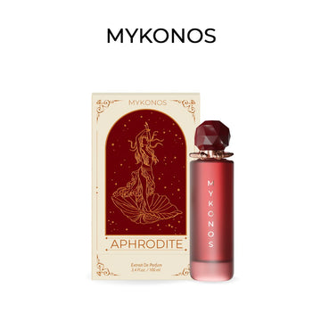 Frasco rojo de Aphrodite de Mykonos, Extrait de Parfum 100 ml, con su caja