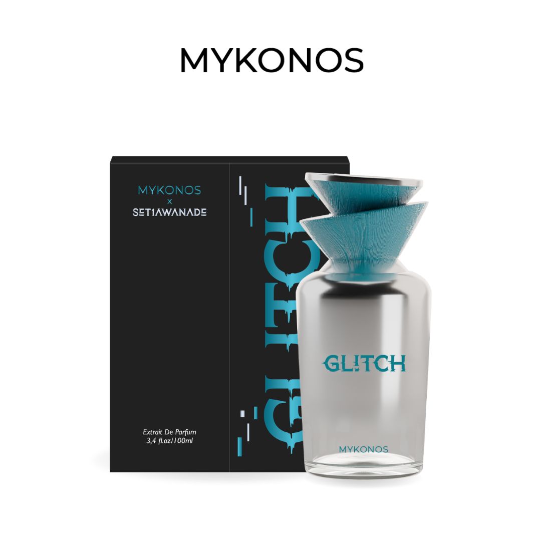 Frasco de Glitch de Mykonos x SetiawanAde, Extrait de Parfum 100 ml, con su caja