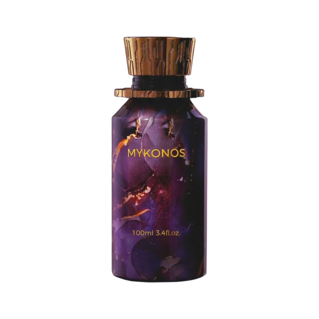 Frasco morado y dorado de Dark Secret de Mykonos, Extrait de Parfum 100 ml